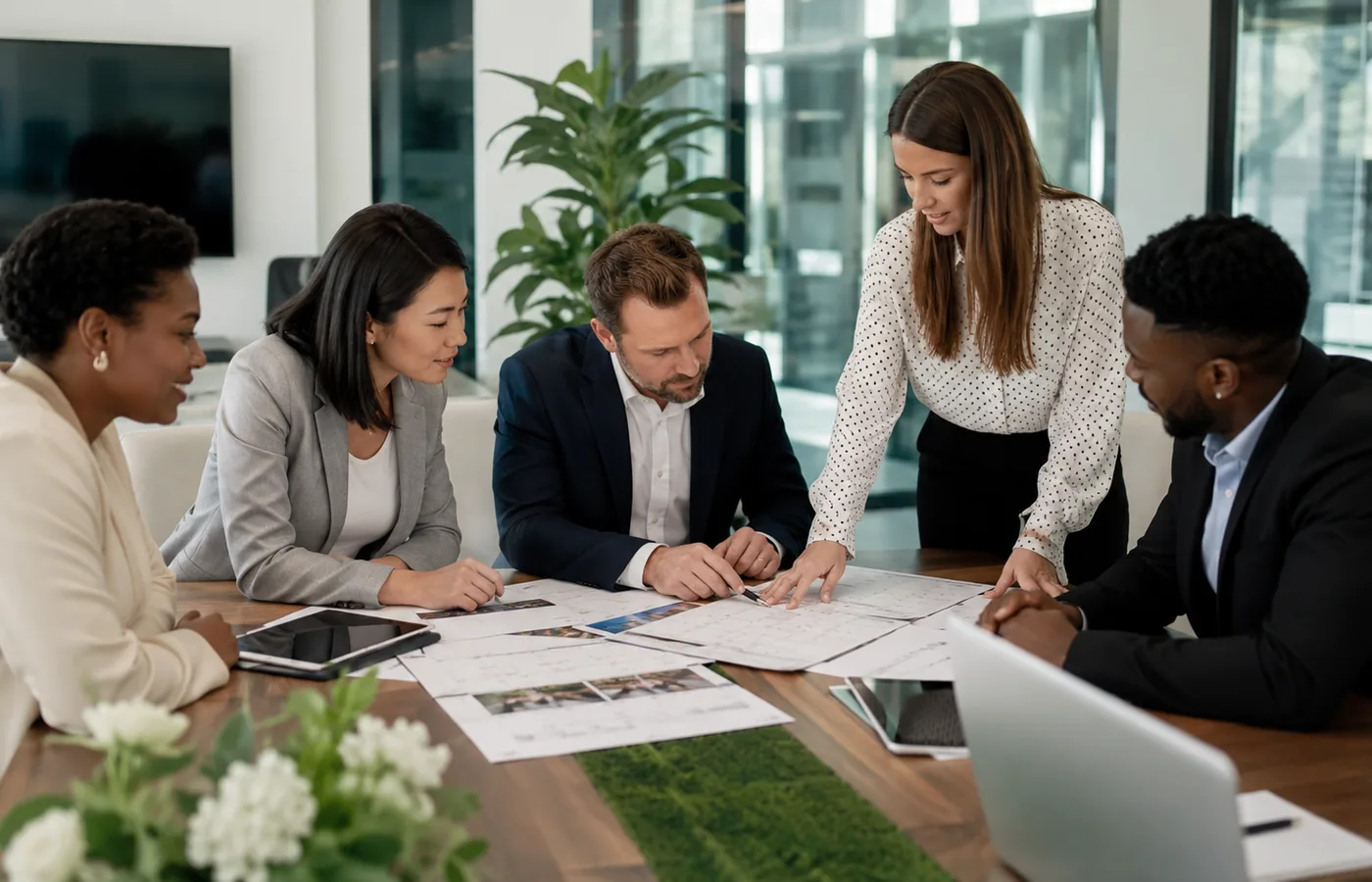 Business team planning event space requirements